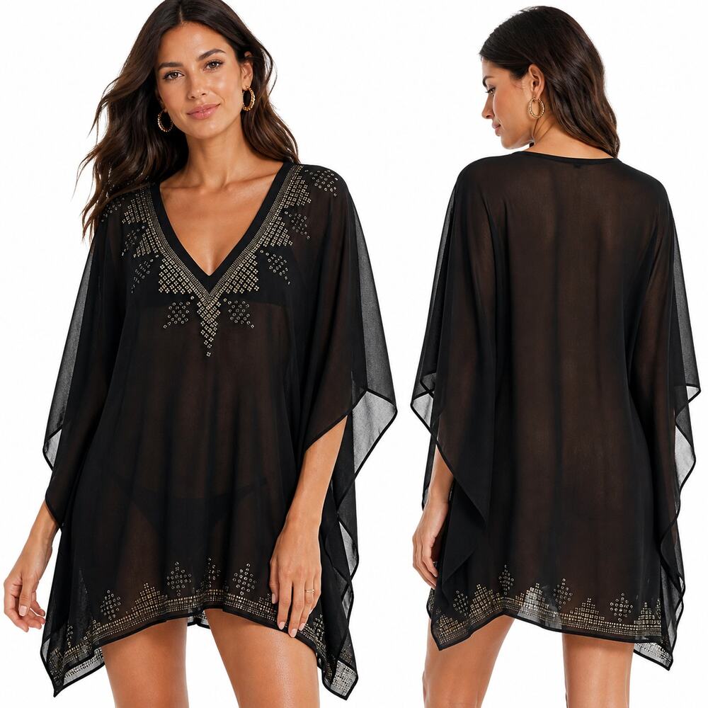 Chicos Black Sheer Caftan Tunic Beaded V Neck Cover Up Boho S/M
